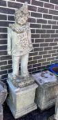 A reconstituted stone garden pierrot on square plinth, height 130cm *Please note the sale