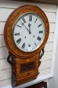 A Victorian parquetry inlaid walnut drop dial wall clock, height 70cm *Please note the sale