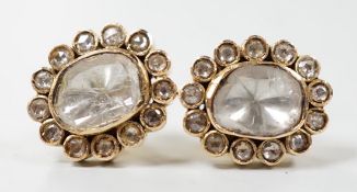 A pair of Indian yellow metal, flat and rose cut diamond set oval cluster earrings, 15mm by 13mm,