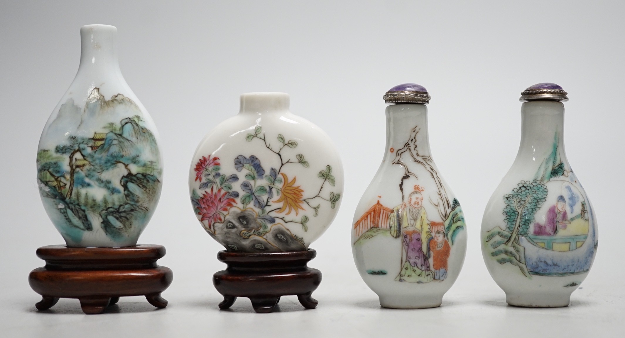 Four Chinese enamelled porcelain snuff bottles, Qing and later