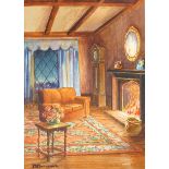 Marjorie Bateman, set of seven original watercolour artworks for postcards, Cottage interiors,