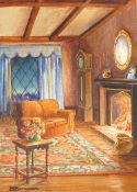 Marjorie Bateman, set of seven original watercolour artworks for postcards, Cottage interiors,
