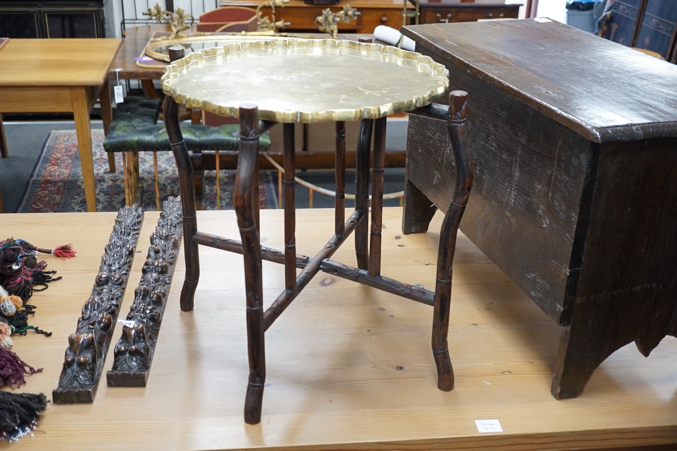 A Chinese brass tray topped hongmu folding occasional table, diameter 56cm *Please note the sale - Image 2 of 2