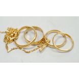 Four assorted 22ct gold wedding bands, including Birmingham, 1913, size P/Q and a 22k fine link