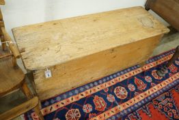 An early 19th century pine six plank coffer, length 115cm, depth 38cm, height 51cm *Please note