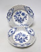 A pair of Meissen Onion pattern blue and white pierced porcelain dishes, 20cm diameter