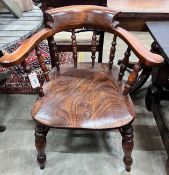 A Victorian style elm and beech smoker's bow chair, width 69cm, depth 50cm, height 82cm *Please note