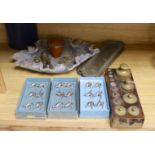 A weight set, a Danish leather bound cup measurement set marked ‘Ria Denmark, three sets of bird