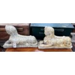 A pair of composition faux marble sphinx, length 48cm, height 30cm *Please note the sale commences