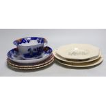 A pair of Doulton plates, a pair of floral plates, a Victorian nursery plate and a large flow blue