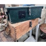 A green painted wooden trunk, probably military issue, width 66cm, and a plywood and pine trunk,