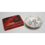 A Chinese cinnabar lacquer cigarette box and a Chinese famille rose stem dish, Tongzhi mark and