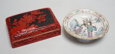 A Chinese cinnabar lacquer cigarette box and a Chinese famille rose stem dish, Tongzhi mark and