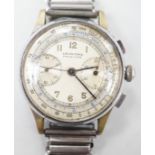 A gentleman's 1950's? stainless steel Leonidas chronograph manual wind wrist watch, case diameter