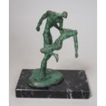 A bronze verdigris figure group of dancers, on marble plinth base, Alfa Arte label, 16cm tall