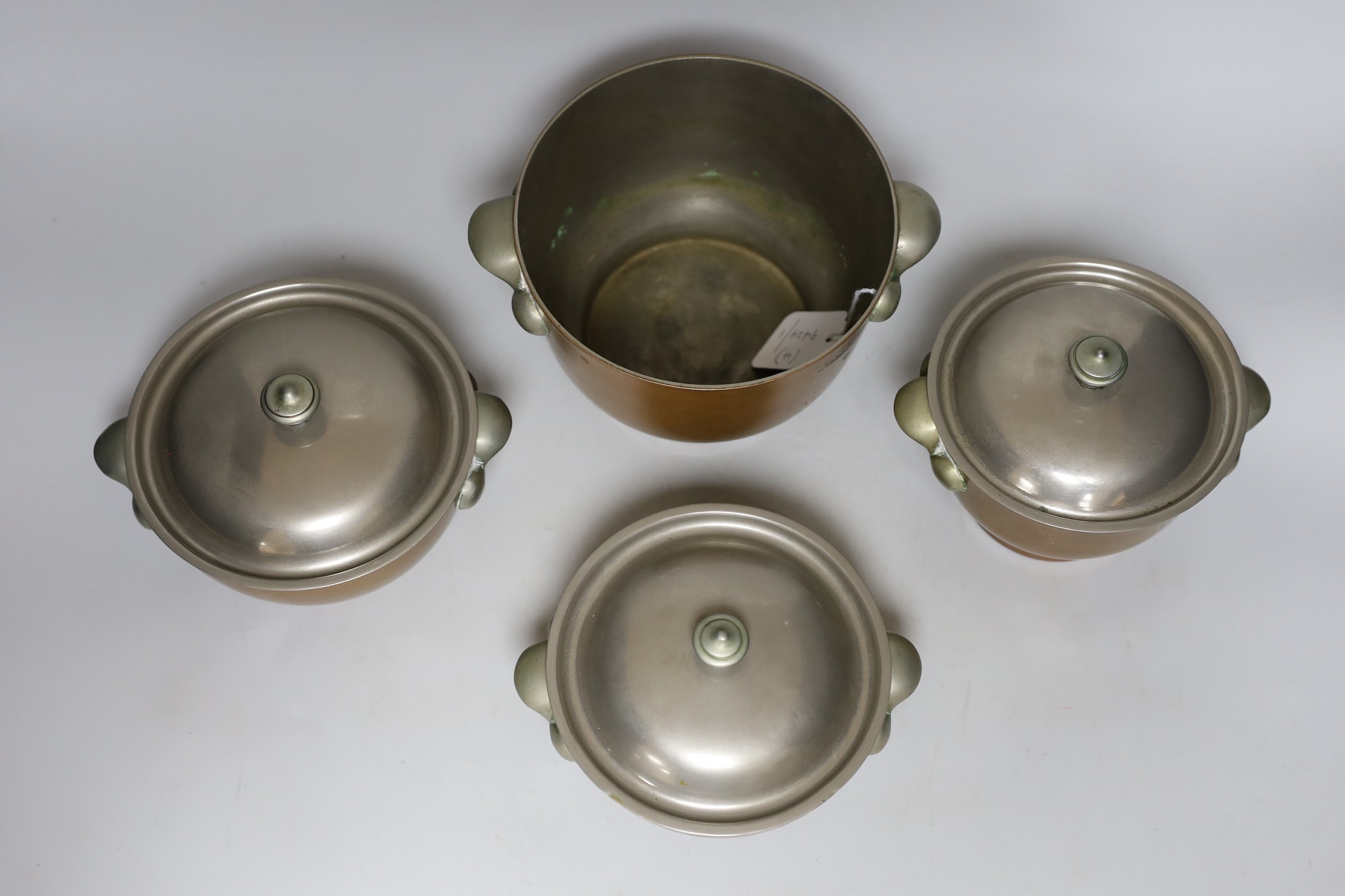 Four graduated Elkington & Co. copper bowls, three with covers, tallest 12cm - Image 2 of 2