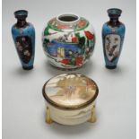 A Satsuma covered pot, a pair of cloisonné enamel vases and a Chinese ginger jar