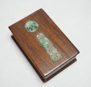 A Chinese jadeite mounted hongmu wood paperweight, 7.5 x 5 x 2.5cm