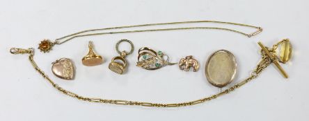 A small collection of Victorian and later jewellery, including two fob seals, two yellow metal