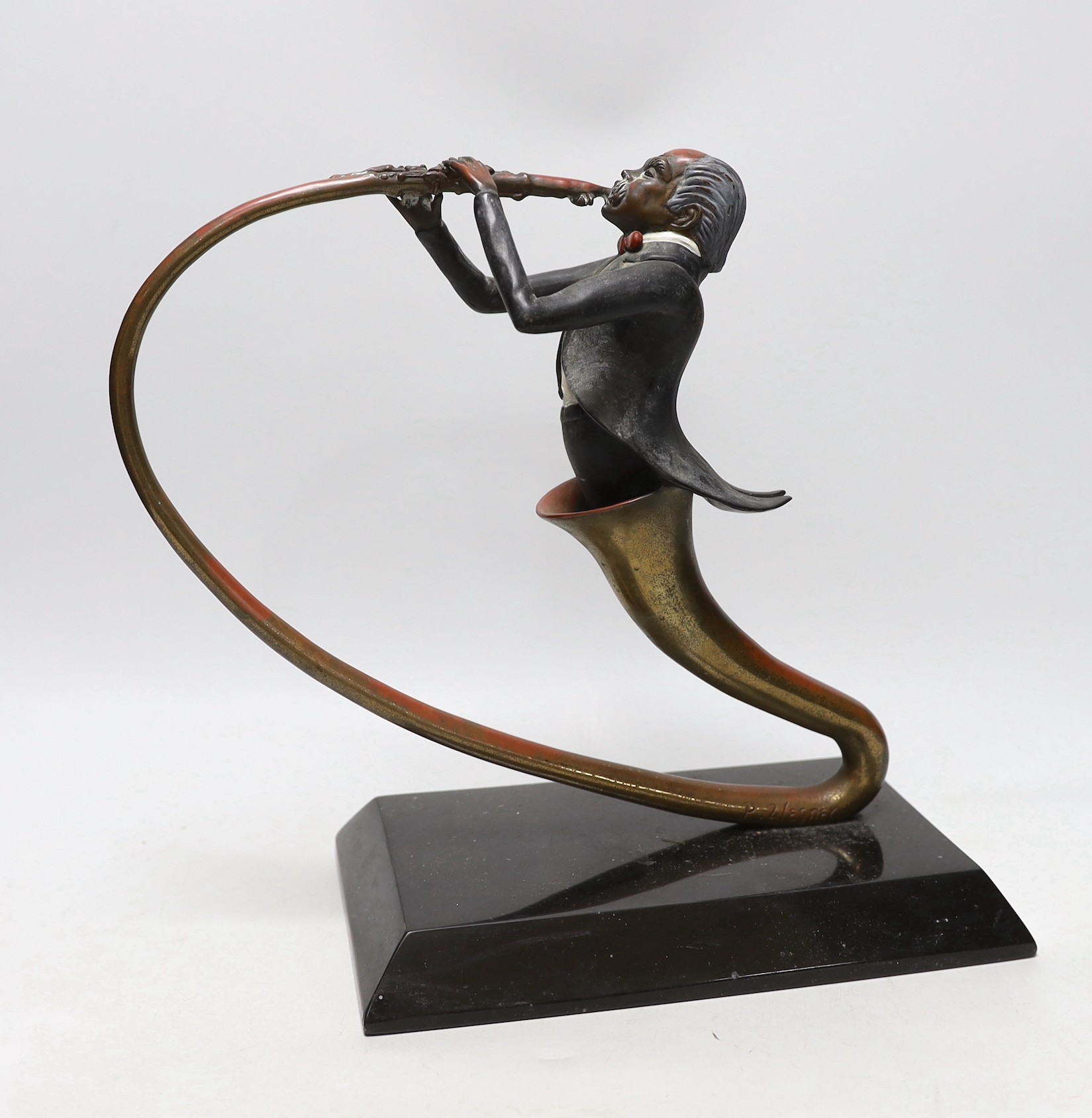 Paul Wegner (b.1950), A cold painted bronze musician, signed P Wegner, 73/250, 31cms high,