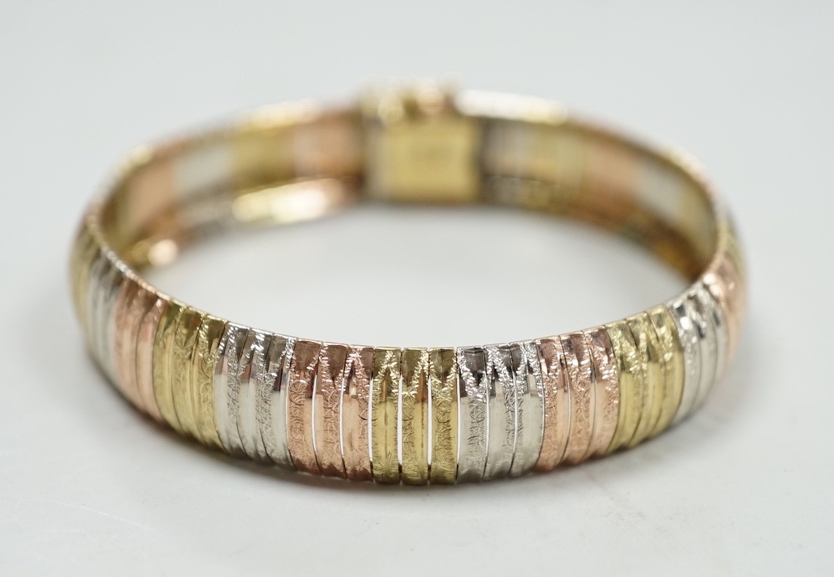 A modern Italian three colour 9ct gold bracelet, 18cm, 18 grams. - Image 2 of 2