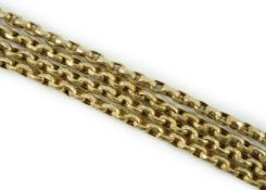 A late Victorian yellow metal guard chain, 146cm, 29.2 grams.