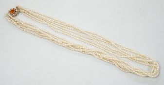 A 1960's Cropp & Farr multi strand seed pearl necklace, with 9ct gold, citrine and split pearl set