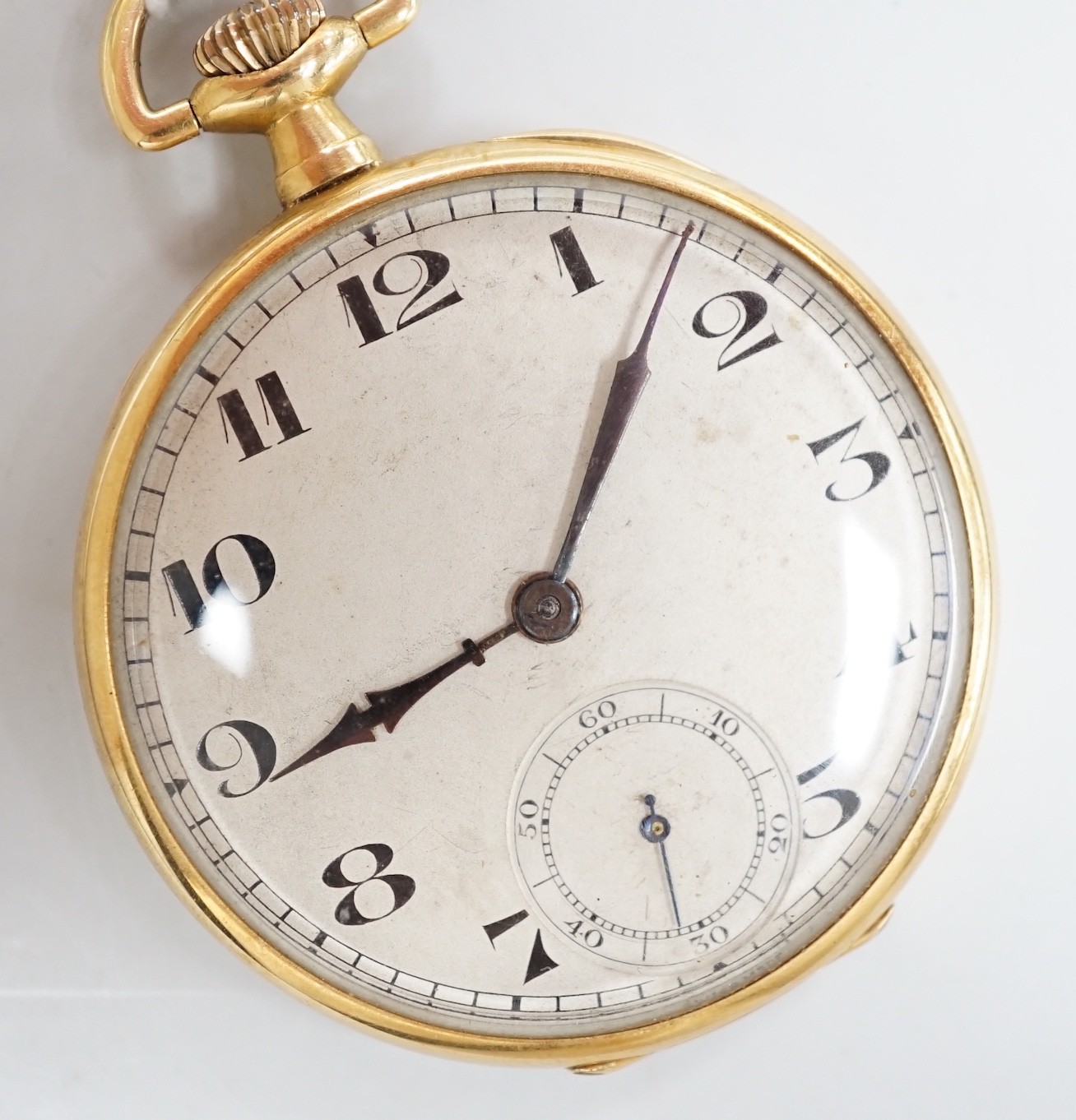 A continental 1920's 18ct gold open faced keyless dress pocket watch, 40mm, gross weight 36.5