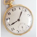A continental 1920's 18ct gold open faced keyless dress pocket watch, 40mm, gross weight 36.5