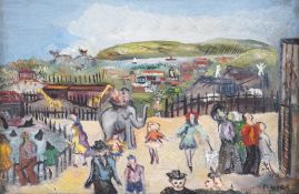 Pinder, oil on canvas laid on board, 'At The Zoo', signed, 19 x 29cm