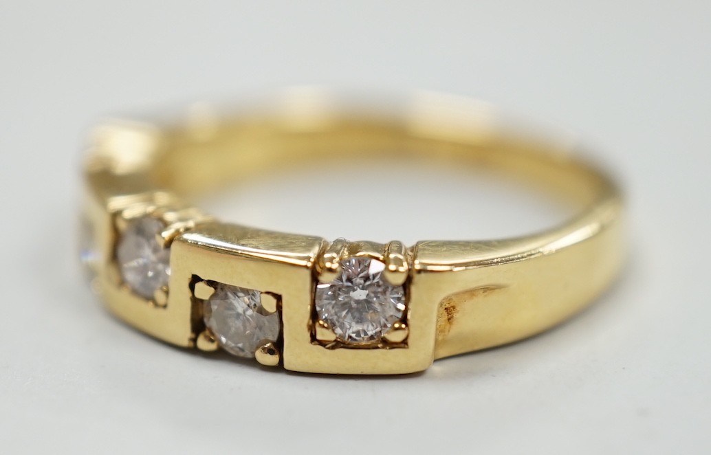 A modern 18ct gold and five stone diamond set half hoop ring, size M/N, gross weight 4.9 grams. - Image 2 of 2