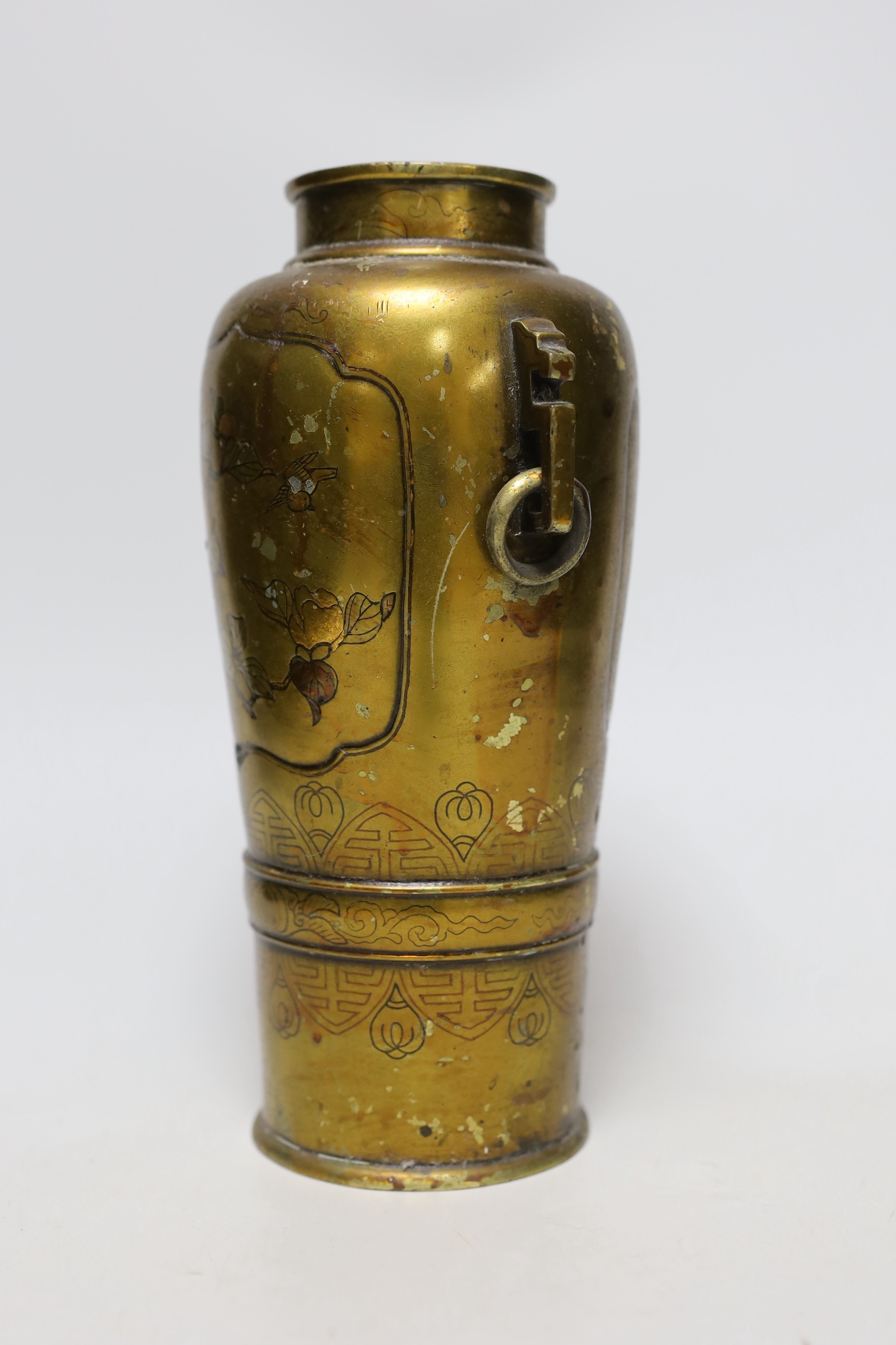 A Japanese bronze and mixed metal vase, later varnished, 24cms high - Image 2 of 2