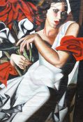 After Tamara de Lempicka, oil on canvas, Woman holding lilies, 99 x 69cm, unframed