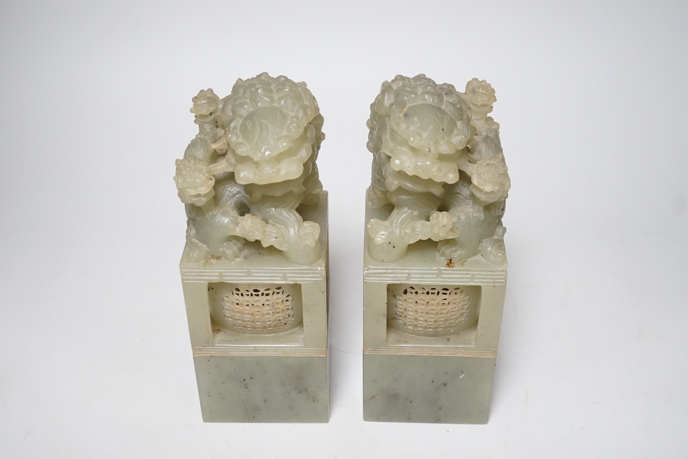 A pair of large Chinese soapstone ‘Temple Guardian lion’ seals, 21cm - Image 2 of 2