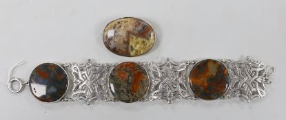 A Scottish white metal and three stone moss agate set bracelet, 19.5cm and a similar hardstone set