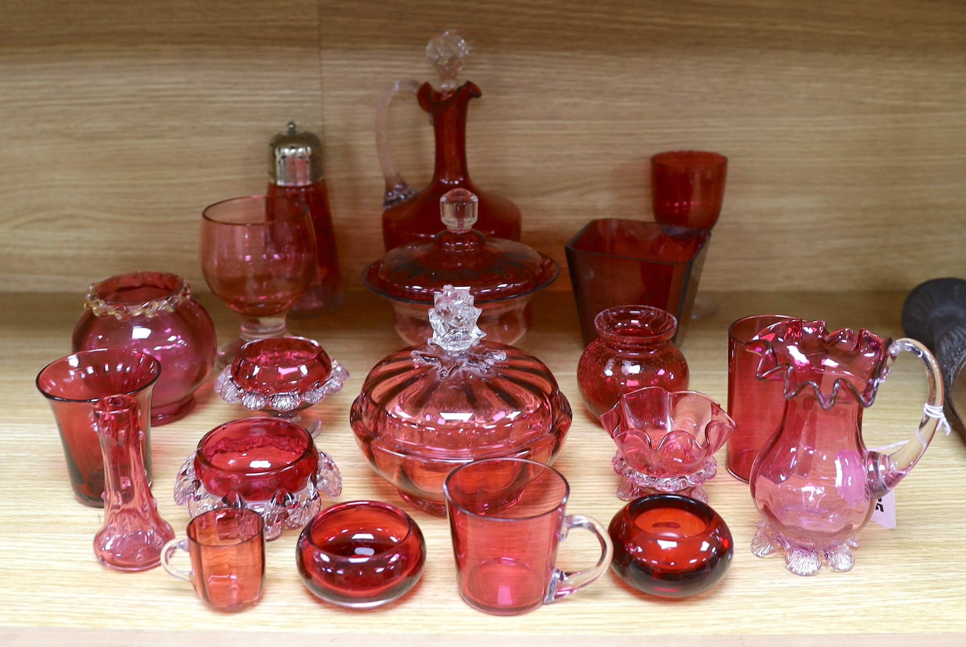 A collection of Cranberry glassware