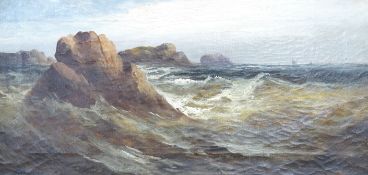F. Walters, oil on canvas, Seascape, signed, 20 x 40cm, a watercolour of fisherfolk on the shore