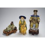 Three Chinese Shiwan pottery figures of an Emperor, Li Bai and an old man, tallest 23cm