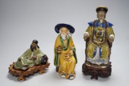 Three Chinese Shiwan pottery figures of an Emperor, Li Bai and an old man, tallest 23cm