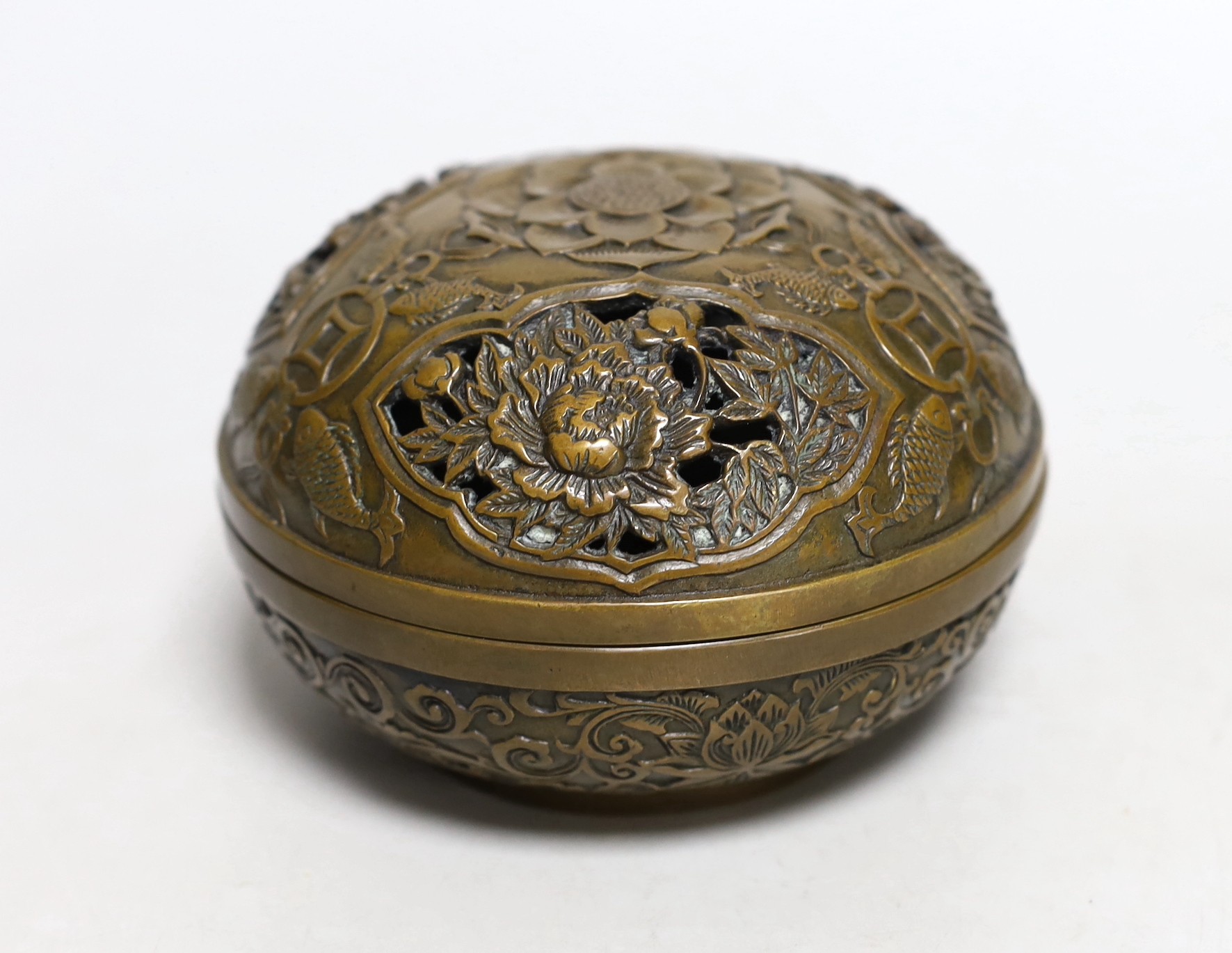 A Chinese circular carved bronze censer, 13.5cm diameter - Image 2 of 2