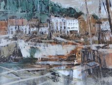 French School, mixed media, Shipping in harbour, 59 x 74cm
