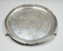 A George V silver salver, with engraved inscription, Elkington & Co, Birmingham, 1932, 26.5cm, 20