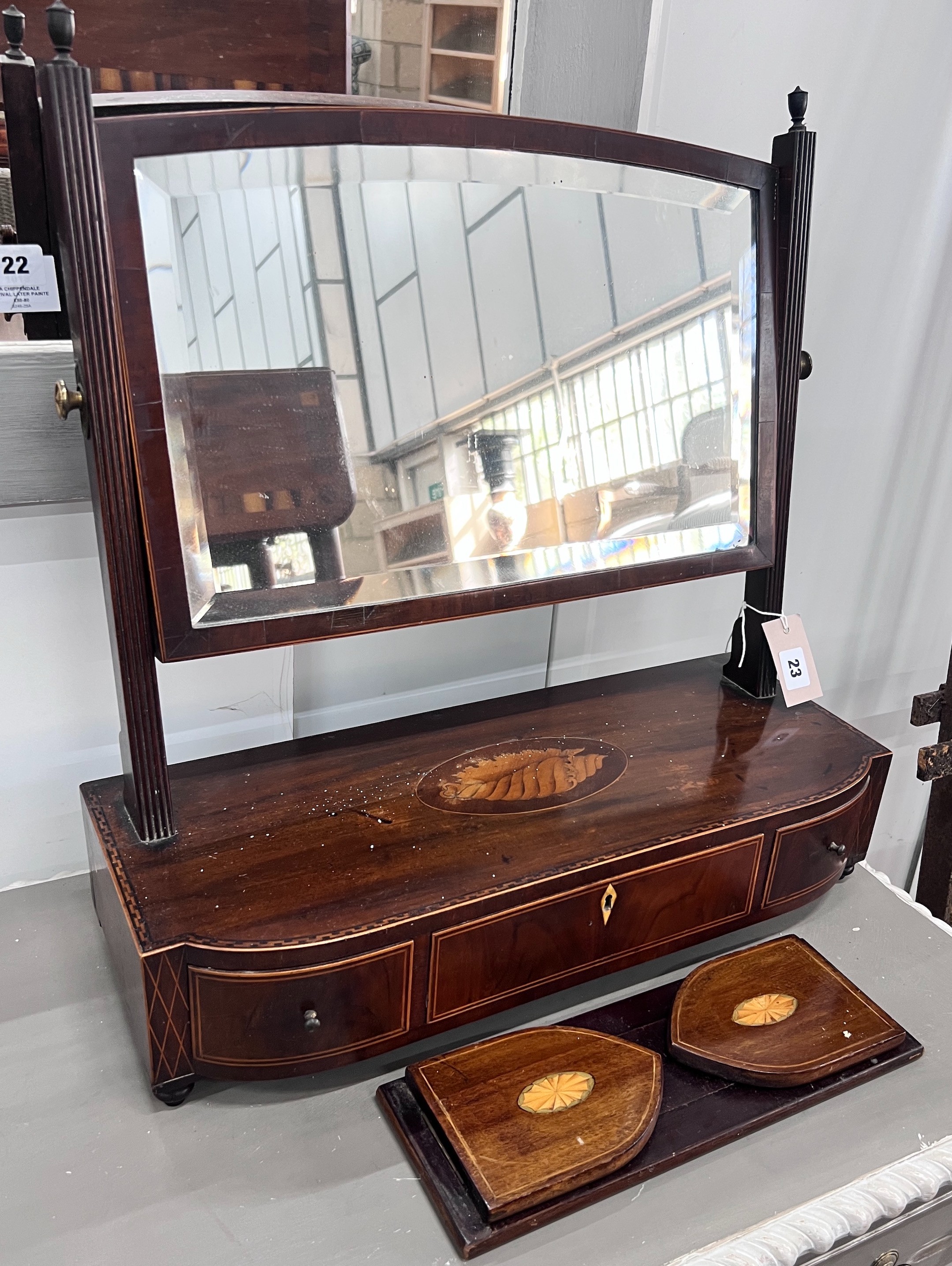 A George III inlaid mahogany toilet mirror, width 55cm, height 57cm together with an Edwardian