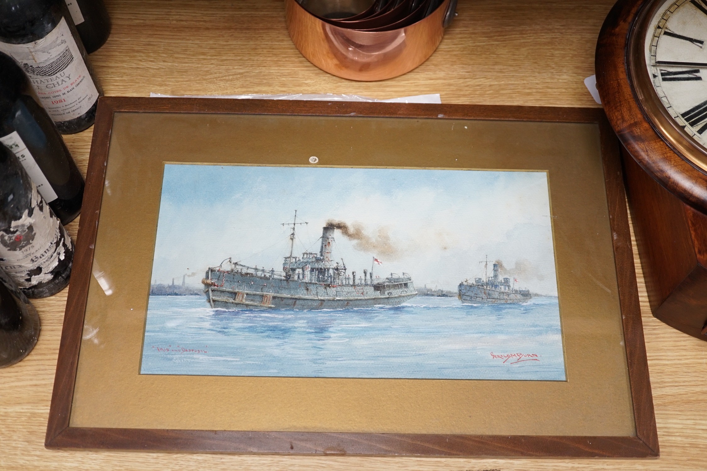 Gerald M Burn (1862-1945), watercolour, 'Iris and Daffodil', tug boats at sea, signed, 22 x 39cm - Image 2 of 2