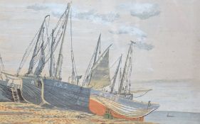 Barbara Hill, limited edition print, 'Fishing Luggers, Hastings, signed and dated 1958, 8/12, 31 x