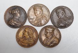 British Historical medals – Five bronze medals of Monarchs from the Kings and Queens of England by