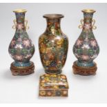 A pair of Chinese cloisonné enamel vases, another vase and a box