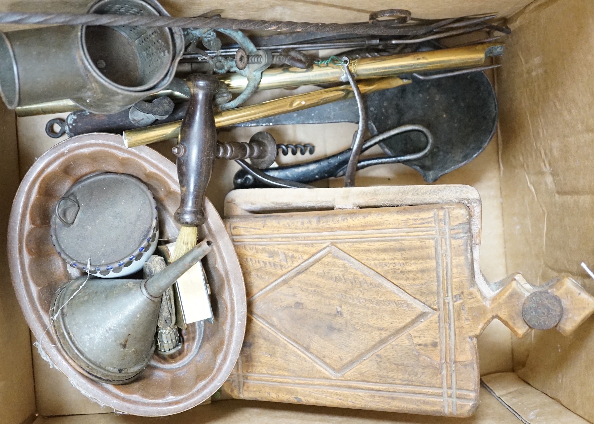 Two brass penny whistles and kitchenalia