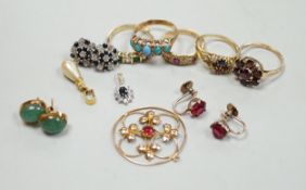 Five assorted 9k and gem set rings including ruby and diamond gypsy set and other jewellery.