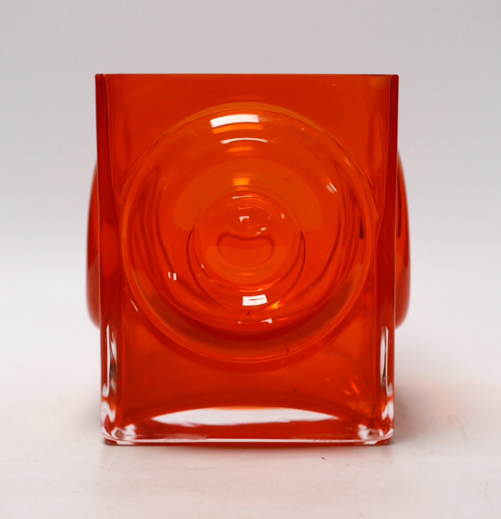 A 1970's tangerine glass vase, 16cms square - Image 2 of 2